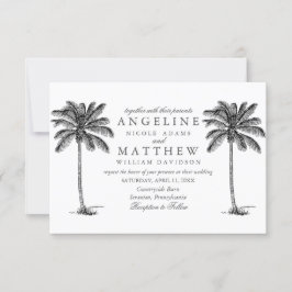 Tarjeta Boda negra y blanca de árbol de palmas tro