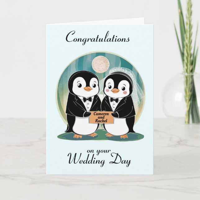 Tarjeta Boda personalizada de pingüino (Anverso)