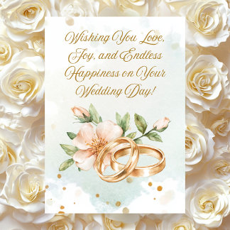 Tarjeta Boda personalizada "Golden Rings & Blooms"