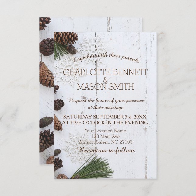Tarjeta Boda Pinecone y Snowflakes (Anverso / Reverso)
