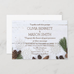 Tarjeta Boda Pinecone y Snowflakes