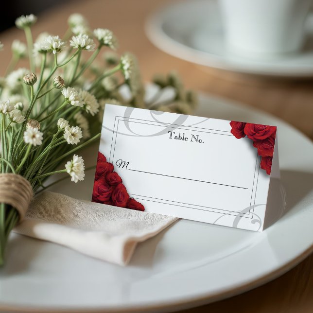 Tarjeta Boda plana con rosas rojas (Red Rose Place Card)