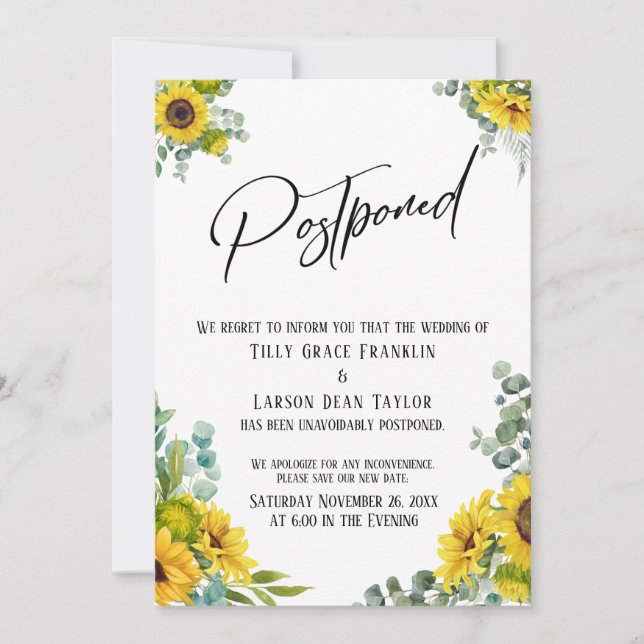 Tarjeta Boda pospuesta de Eucalyptus Sunflower (Anverso)