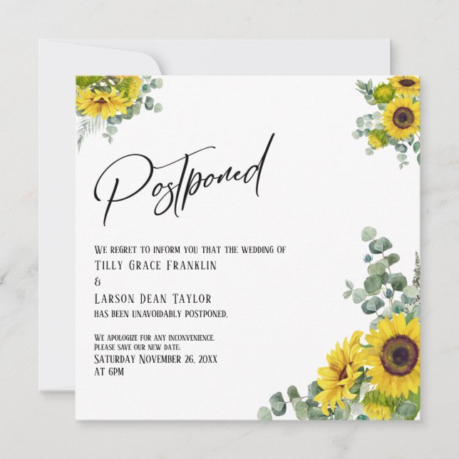 Tarjeta Boda pospuesta de Eucalyptus Sunflower (Anverso)