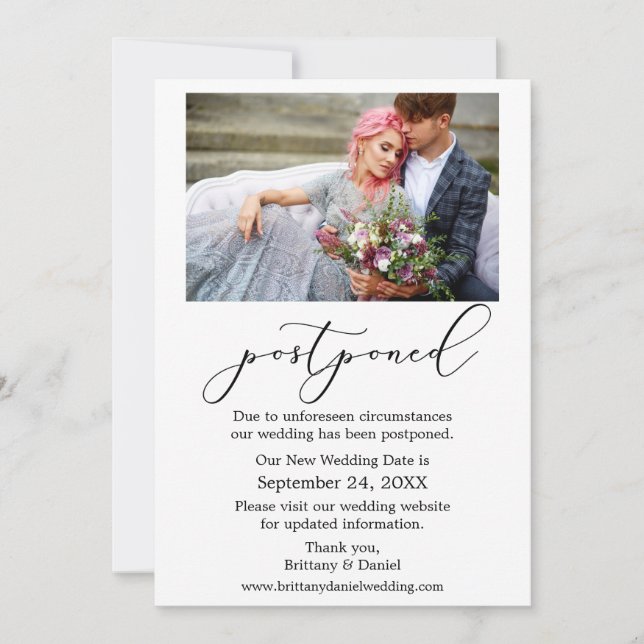 Tarjeta Boda postergada de fotografía caligráfica  (Anverso)