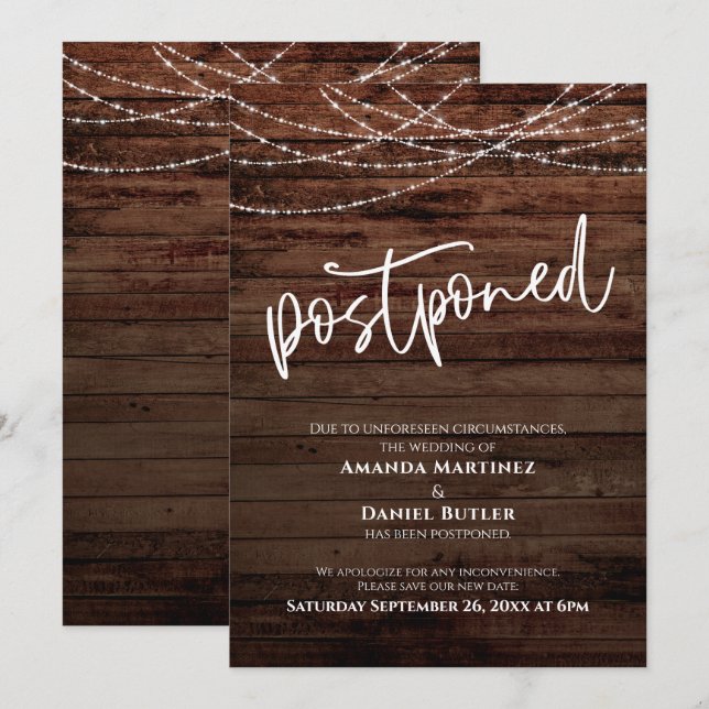Tarjeta Boda postponada Rustic Wood con luces (Anverso / Reverso)