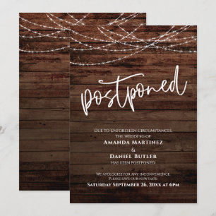 Tarjeta Boda postponada Rustic Wood con luces
