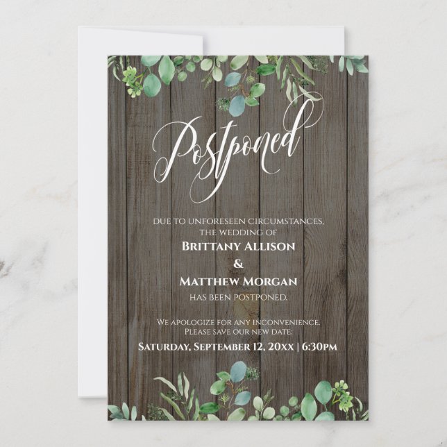 Tarjeta Boda postponada Rustic Wood & Eucalyptus (Anverso)