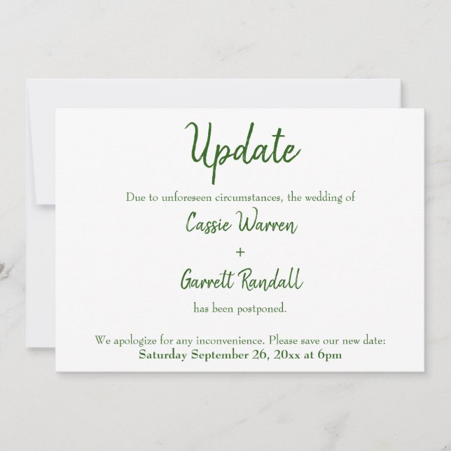 Tarjeta Boda postponada verde blanca "Update" (Anverso)