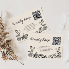 Tarjeta Boda RSVP con código QR floral dibujado a