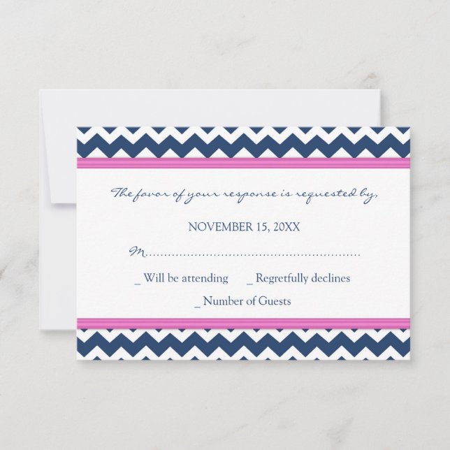 Tarjeta Boda RSVP de Chevron rosa caliente azul (Anverso)