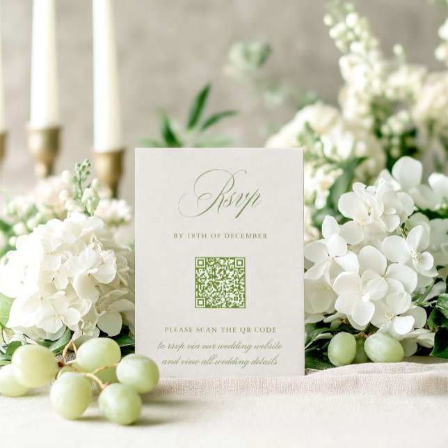 Tarjeta Boda RSVP de código QR verde y beige de sa (Sage Green & Beige QR Code RSVP Wedding Card)