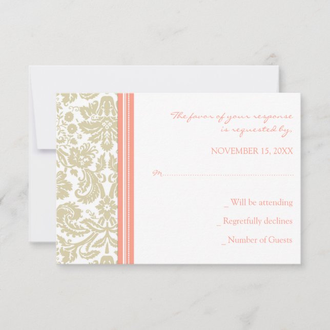 Tarjeta Boda RSVP de Coral Beige Damask (Anverso)