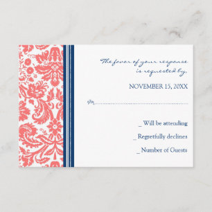 Tarjeta Boda RSVP de Coral Blue Damask