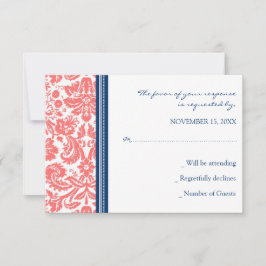 Tarjeta Boda RSVP de Coral Blue Damask