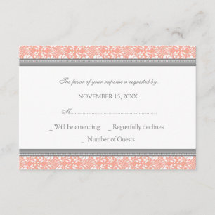 Tarjeta Boda RSVP de Coral Gray Damask