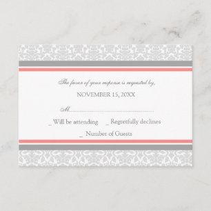 Tarjeta Boda RSVP de Coral Gray Damask