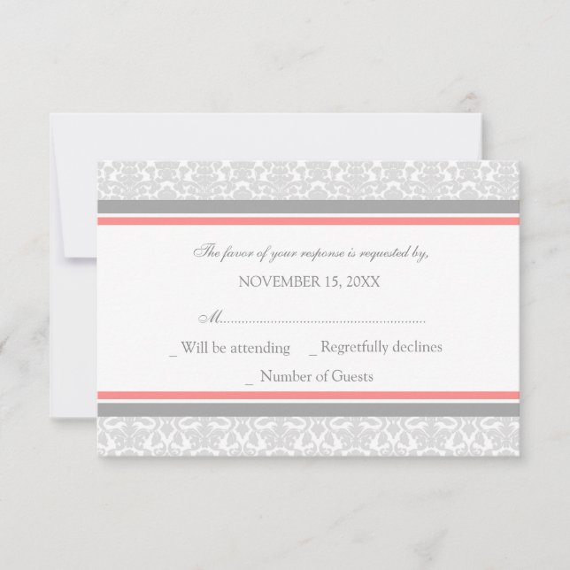 Tarjeta Boda RSVP de Coral Gray Damask (Anverso)