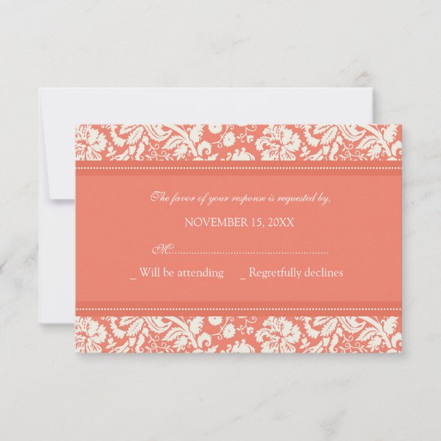 Tarjeta Boda RSVP de Cream and Coral Damask (Anverso)