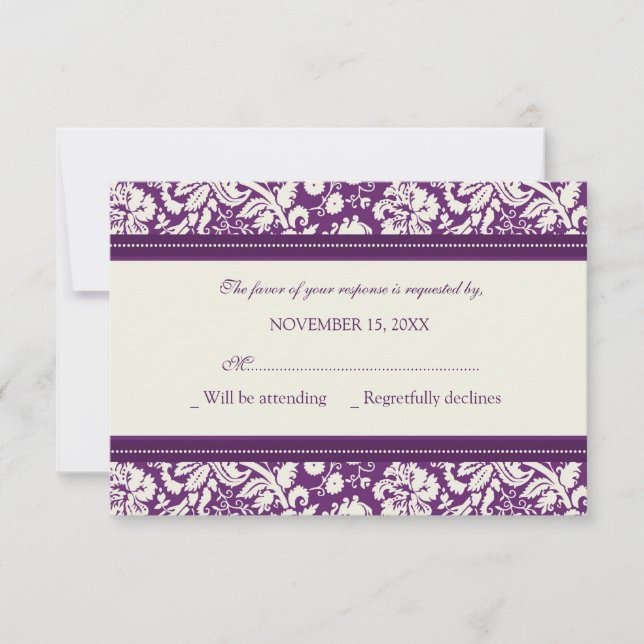 Tarjeta Boda RSVP de Cream and Plum Damask (Anverso)