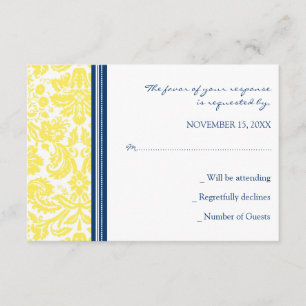 Tarjeta Boda RSVP de Damask azul amarillo