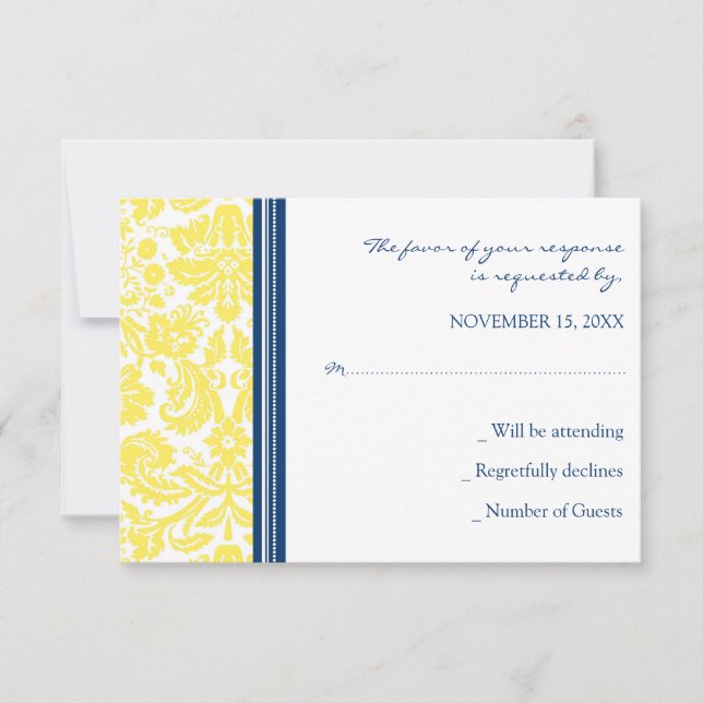 Tarjeta Boda RSVP de Damask azul amarillo (Anverso)