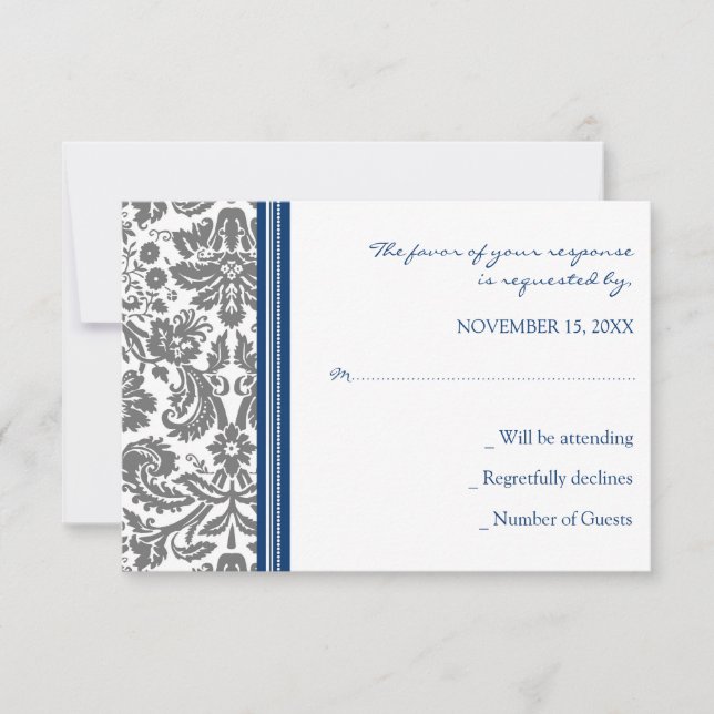 Tarjeta Boda RSVP de Damask azul gris (Anverso)