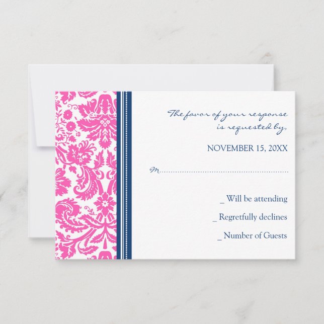 Tarjeta Boda RSVP de Damask azul rosa (Anverso)