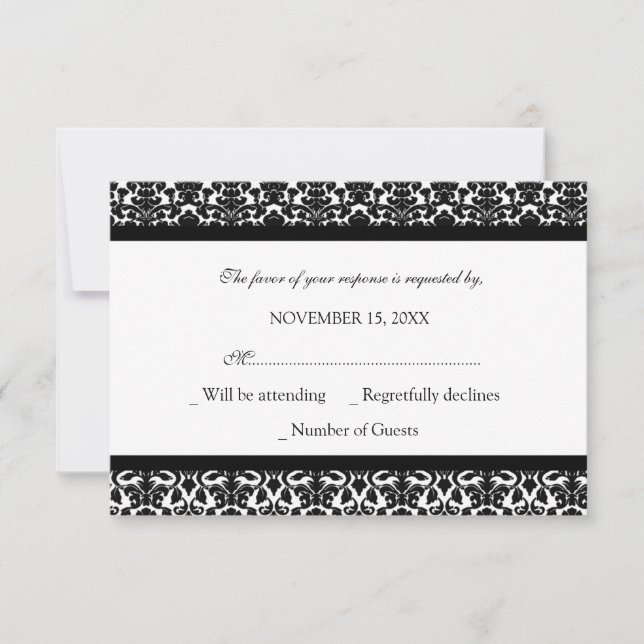 Tarjeta Boda RSVP de Damask blanco negro (Anverso)
