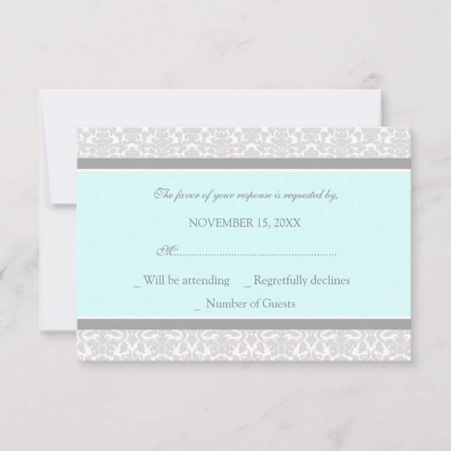 Tarjeta Boda RSVP de Damask de color gris azul (Anverso)