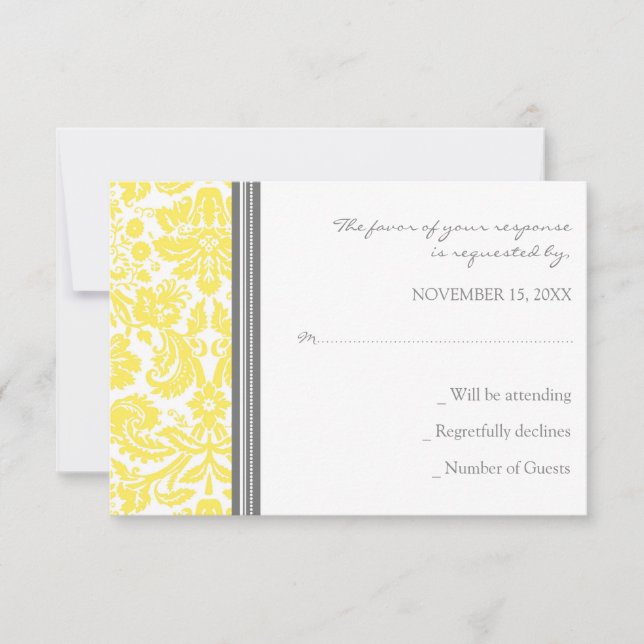 Tarjeta Boda RSVP de Damask de limón gris (Anverso)