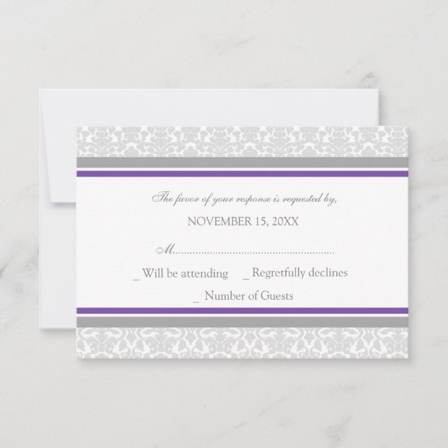 Tarjeta Boda RSVP de Damask gris púrpura (Anverso)