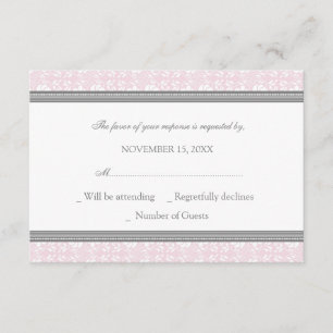 Tarjeta Boda RSVP de Damask gris rosa rosa