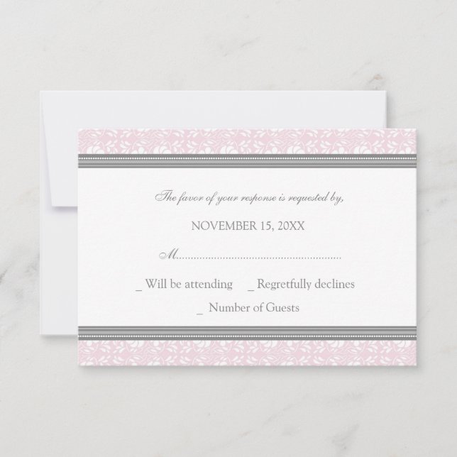 Tarjeta Boda RSVP de Damask gris rosa rosa (Anverso)