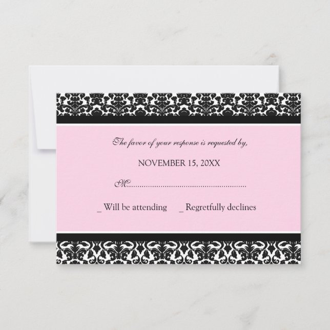 Tarjeta Boda RSVP de Damask negro rosa (Anverso)