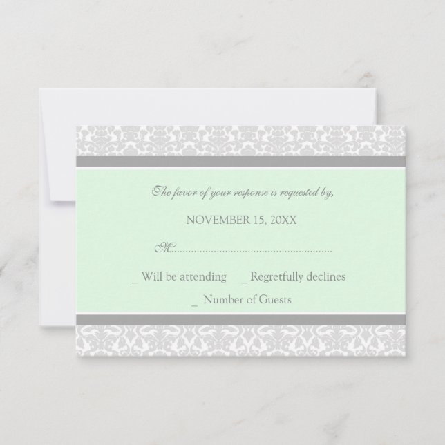Tarjeta Boda RSVP de Mint Gray Damask (Anverso)
