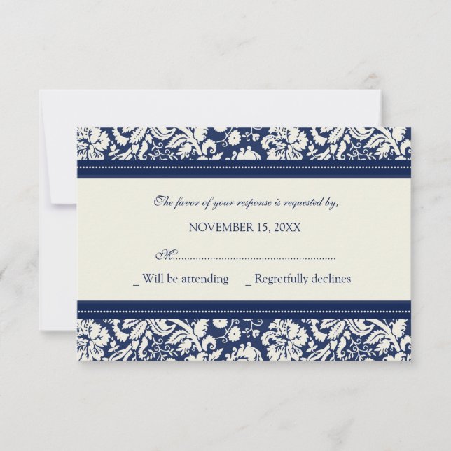Tarjeta Boda RSVP de patrón crema y azul (Anverso)