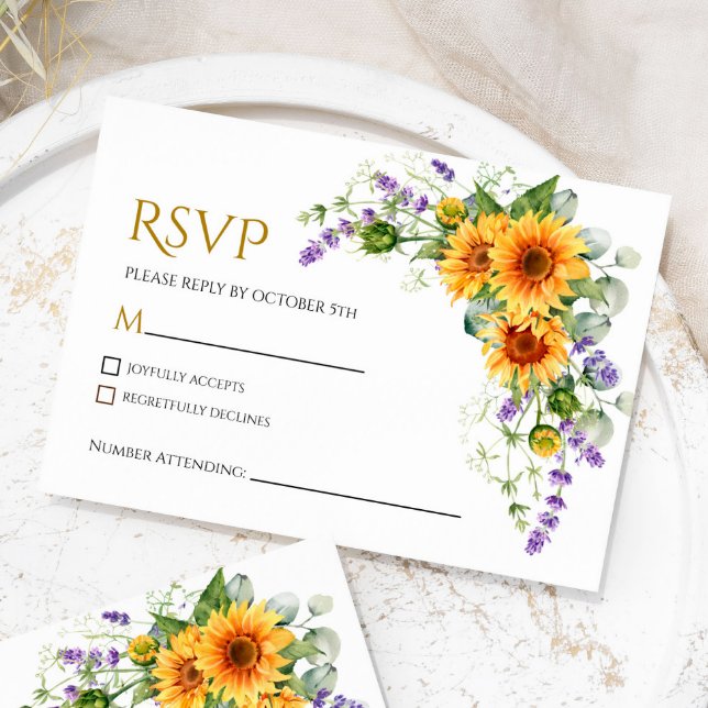 Tarjeta Boda RSVP Rústica de girasoles y lavanda (Subido por el creador)
