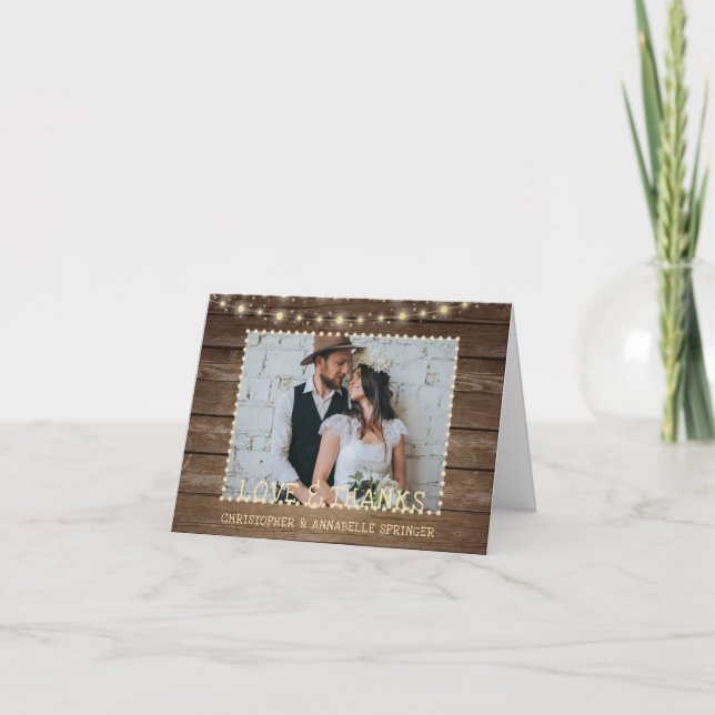 Tarjeta Boda Rustic Wood Lights 2 Photo Gracias (Anverso)