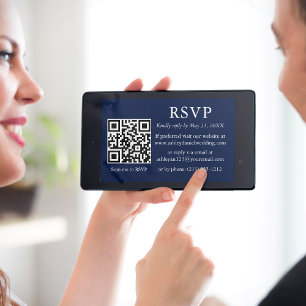 Tarjeta Boda simple minimalista Azul QR RSVP