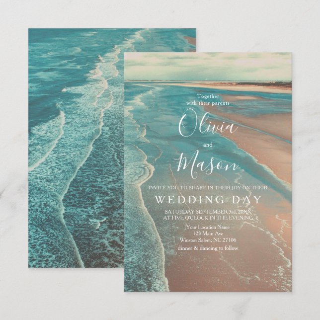 Tarjeta Boda Tropical Beach Sea de Fade Moderna (Anverso / Reverso)