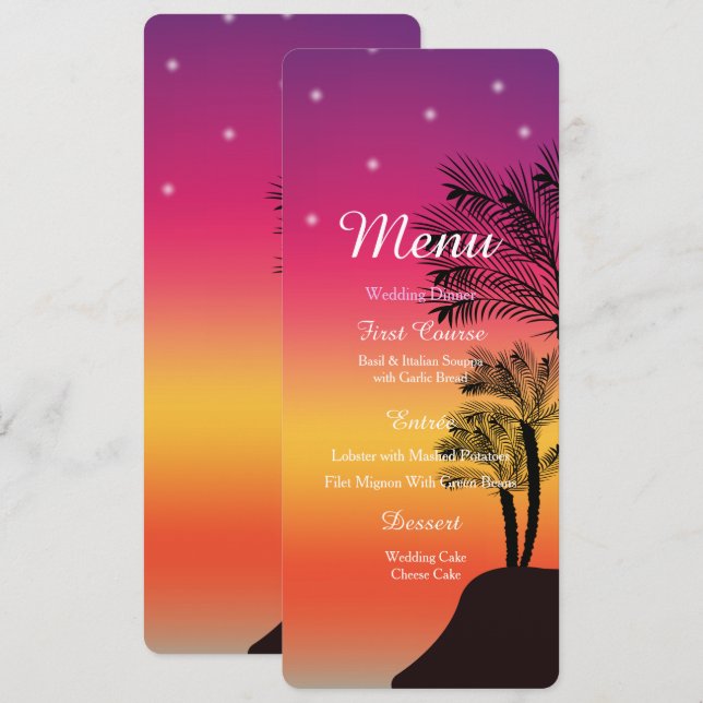 Tarjeta Boda Tropical Sunset Palm Tree Beach MENU (Anverso / Reverso)