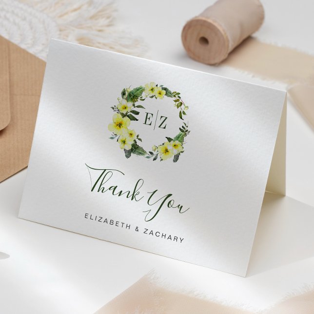 Tarjeta Boda Verde Amarillo Floral Monograma Gracias (Subido por el creador)