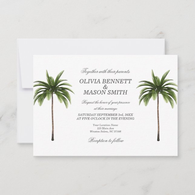 Tarjeta Boda verde de árbol de palmas tropical (Anverso)