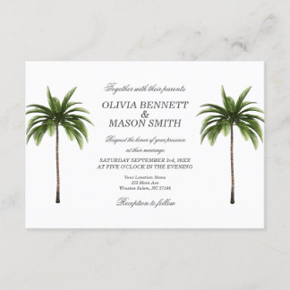Tarjeta Boda verde de árbol de palmas tropical