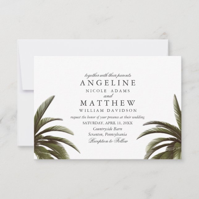 Tarjeta Boda verde de árbol de palmas tropical (Anverso)