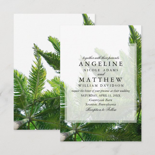 Tarjeta Boda verde de árbol de palmas tropical (Anverso / Reverso)