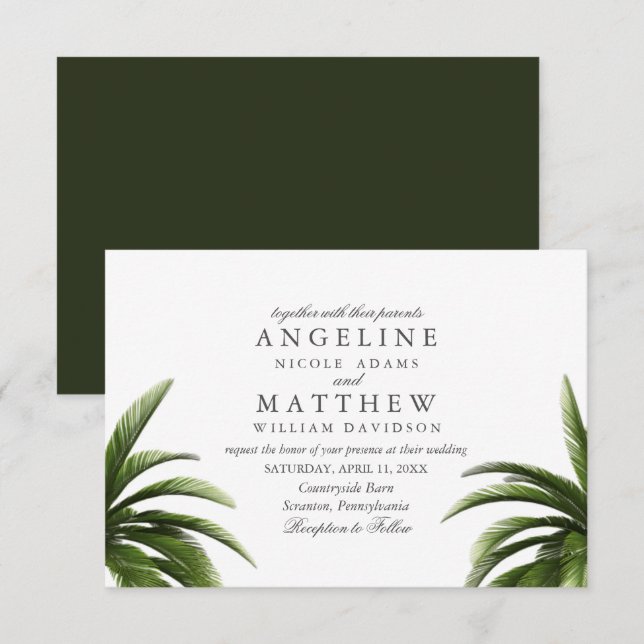 Tarjeta Boda verde de árbol de palmas tropical (Anverso / Reverso)