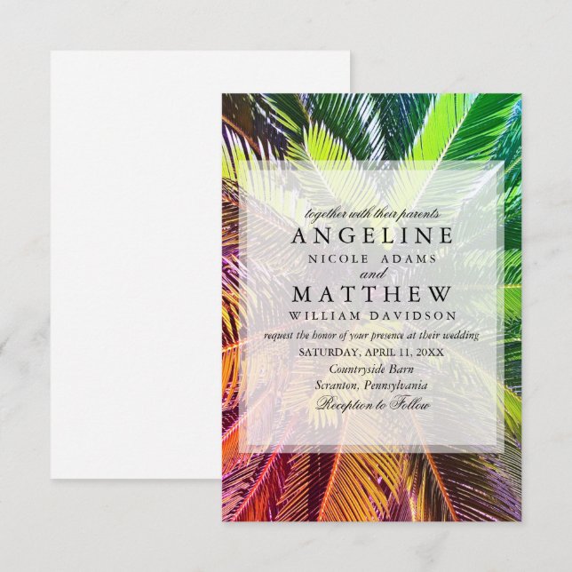 Tarjeta Boda verde de árbol de palmas tropical (Anverso / Reverso)