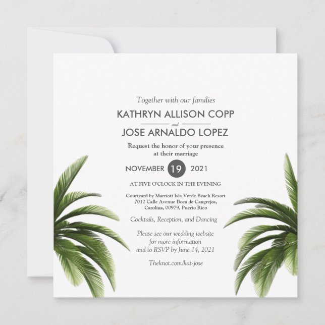 Tarjeta Boda verde de árbol de palmas tropical (Anverso)